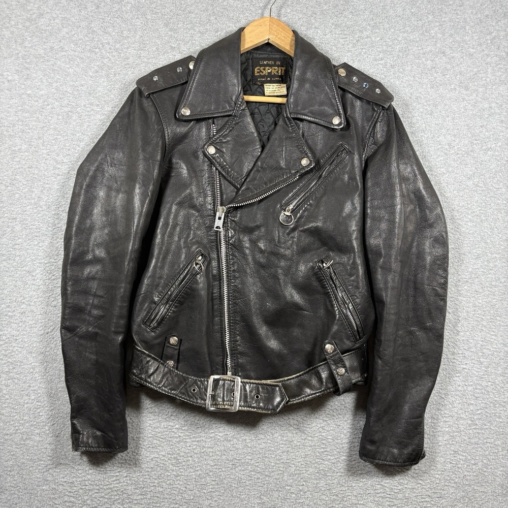 Vtg 80s Esprit Leather Biker Jacket Women 36 Talon Zipper Cropped Belted Rider M